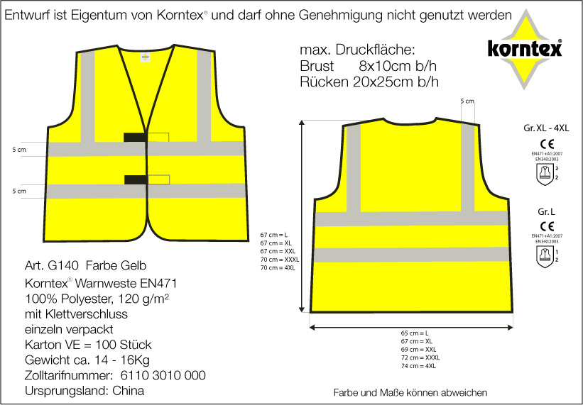 korntex Warnweste Gelb mit Hosenträgerreflexstreifen / G140
